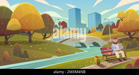 Cartone animato paesaggio autunnale del parco cittadino con foglie cadute ponte sul fiume e l'uomo anziano che legge il giornale sulla panchina con illustrazione del vettore del caffè Illustrazione Vettoriale