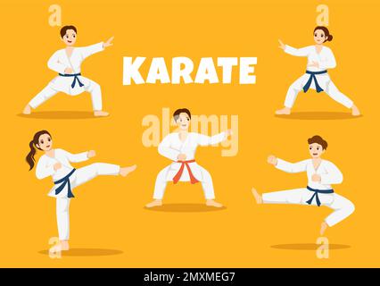 La gente che fa alcune mosse di base di arti marziali di Karate, posa di combattimento e vestendo Kimono in mano di Cartoon disegnata per l'illustrazione di modelli della pagina di atterraggio Illustrazione Vettoriale