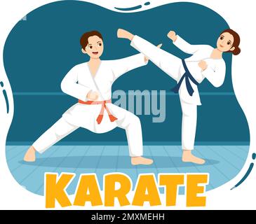 La gente che fa alcune mosse di base di arti marziali di Karate, posa di combattimento e vestendo Kimono in mano di Cartoon disegnata per l'illustrazione di modelli della pagina di atterraggio Illustrazione Vettoriale