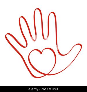 Astratto logo cuore in una mano. Icona di linea stilizzata. Illustrazione Vettoriale