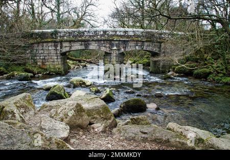 Il fiume Plym e il fiume Meavy si incontrano al Ponte Shaugh a Dewerstone Woods, ai margini di Dartmoor nel Devon meridionale Foto Stock