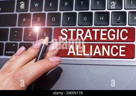 Segno che mostra Alleanza strategica, parola scritta su un legame tra stati, partiti, individui sul raggiungimento degli obiettivi Foto Stock