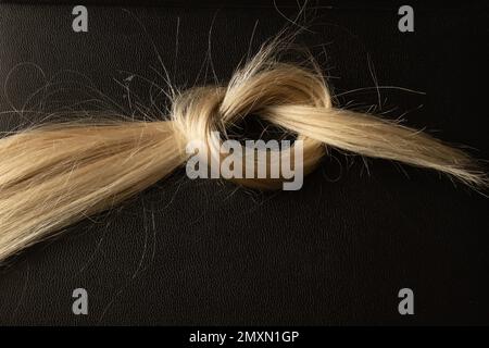lavorato in un nodo di capelli biondi femmina su un nero Foto Stock