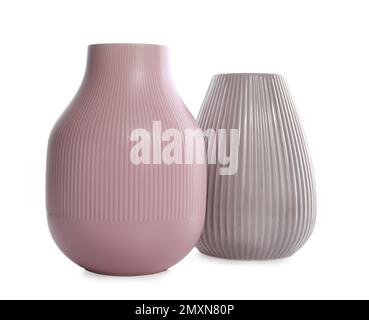 Eleganti vasi vuoti in ceramica isolati sul bianco Foto Stock