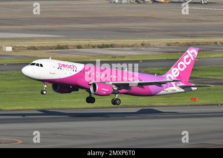 Prefettura di Fukuoka, Giappone - 02 luglio 2022: Aereo passeggeri Peach Airbus A320-200 (JA818P). Foto Stock