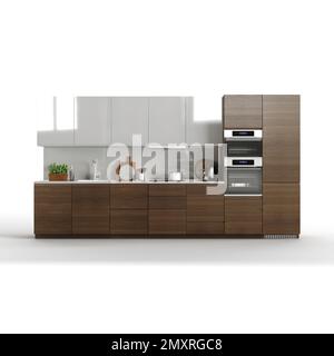 Un rendering 3D di cucina moderna su sfondo bianco Foto Stock