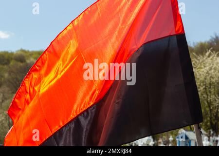 Bandiera rosso-nera del settore destro in Ucraina, isolata contro il cielo blu, primo piano. Sfondo del tessuto di seta che sfavillano nell'aria. Foto Stock