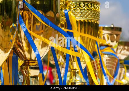 Coppe dei vincitori d'oro con nastri gialli e blu preparati per i premi in fila sul tavolo su sfondo cielo. Foto Stock