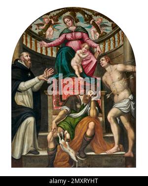 Madonna in gloria con San Domenico,San Rocco e San Sebastiano - olio su tela - Carlo Preti - fine XVI secolo - Monticelli Brusati (Bs), chiesa parr Foto Stock