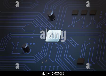 Chip ai avanzato integrato in una scheda elettronica complessa, che rappresenta l'integrazione della tecnologia ai nell'elettronica moderna. L'intricato wiri Foto Stock