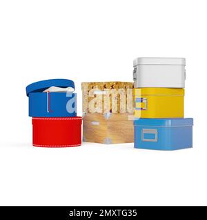 Un rendering 3D di molte diverse scatole di alimentazione colorate, isolate su sfondo bianco Foto Stock