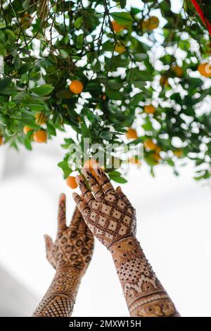 Un primo piano verticale delle mani di una sposa indiana ricoperta di bella henné nuziale, mehndi art Foto Stock