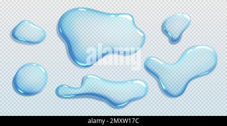 Versamenti di liquidi, gocce d'acqua e pozzanghere isolati su sfondo trasparente. Goccioline chiare di acqua pura, siero cosmetico blu o gel nella vista dall'alto, vettore Illustrazione Vettoriale