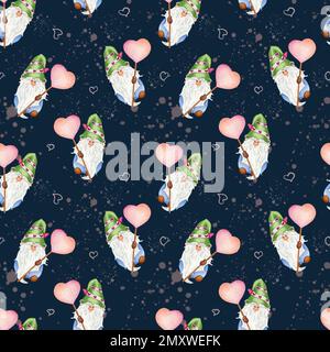 Modello senza cuciture Gnomes per San Valentino. Acquerello Illustrazione di un nano con un cuore Lollipop. Foto Stock
