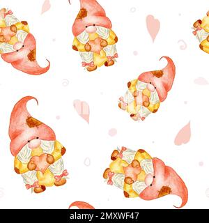 Modello senza cuciture Gnomes per San Valentino. Acquerello Illustrazione di un nano con un cuore. Foto Stock