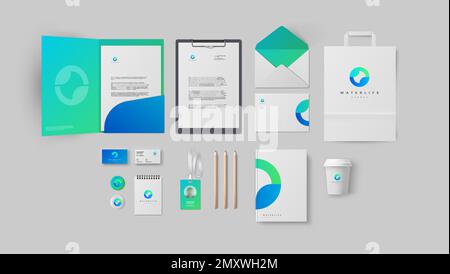 Design di identità aziendale nei colori blu e verde per l'agenzia moderna o clinica sanitaria. Puro stile di branding leggero con biglietti da visita e cartella Illustrazione Vettoriale