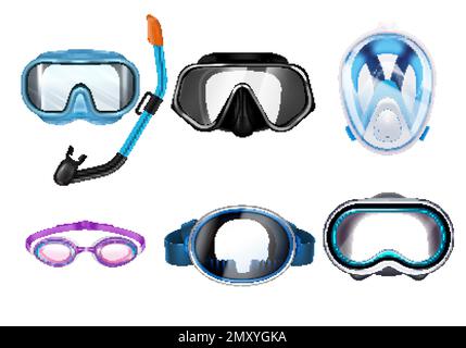 Set di maschere subacquea snorkeling in diversi colori isolati su sfondo bianco realistica illustrazione vettoriale Illustrazione Vettoriale