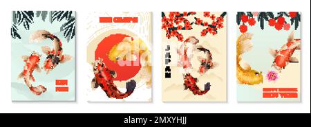 Set realistico di pesci koi composto da quattro poster verticali con testo modificabile e immagini di pesci esotici vettoriali Illustrazione Vettoriale