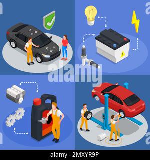 Servizio auto 2x2 concetto di progettazione isometrica insieme di quattro composizioni quadrate illustrato ispezione manutenzione pneumatico servizio illustrazione vettore Illustrazione Vettoriale