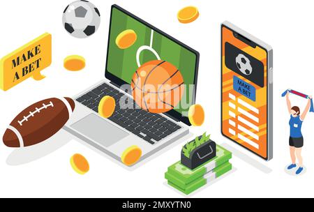 Scommesse sportive composizione isometrica con telefono cellulare e notebook con gioco d'azzardo applicazione vettore illustrazione Illustrazione Vettoriale