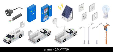 Icone isometriche per elettricisti Set di apparecchiature elettriche e utensili illustrazione vettoriale isolata Illustrazione Vettoriale