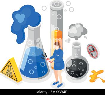 Precauzioni di sicurezza sul luogo di lavoro composizione isometrica con donna con illustrazione vettore di lesione chimica Illustrazione Vettoriale