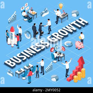Diagramma di flusso isometrico della crescita aziendale con illustrazione vettoriale dei simboli di sviluppo di successo Illustrazione Vettoriale