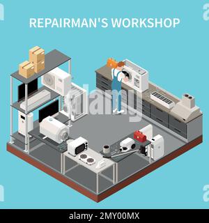 Officina di riparazione sfondo isometrico con artigiano che esegue la riparazione di elettrodomestici vettore illustrazione Illustrazione Vettoriale