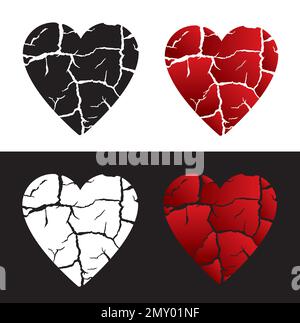 Simbolo del cuore incrinato, amore infelice. Quattro simboli a forma di cuore che simboleggiano la fine dell'amore. Vettore disponibile. Illustrazione Vettoriale