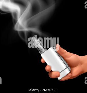 Composizione di vape realistica con mano umana che tiene il dispositivo di vaporizzazione con immagine di fumo puff su sfondo nero illustrazione vettoriale Illustrazione Vettoriale