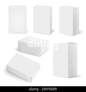 Set realistico di mockup a scatola bianca con immagini isolate di scatole di imballaggio vuote simili su sfondo vuoto illustrazione vettoriale Illustrazione Vettoriale