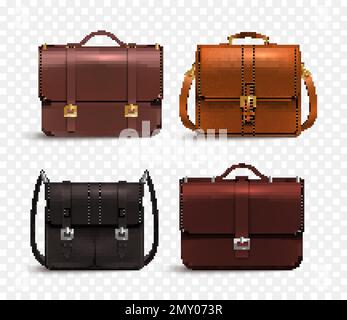 Realistic business bag uomo in pelle set con quattro diverse borse valigetta accessori alla moda su sfondo trasparente vettoriale illustrazione Illustrazione Vettoriale
