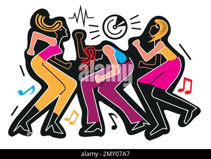 Tre ragazze danzanti, festa pazza selvaggia di ballo, cartone animato. Illustrazione espressiva di ballerini con note musicali. Isolato su sfondo nero. Illustrazione Vettoriale