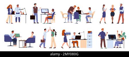 Peeople in ufficio icone piatte insieme con i dipendenti maschi e femmine che comunicano e facendo documentazione isolato vettore illustrazione Illustrazione Vettoriale