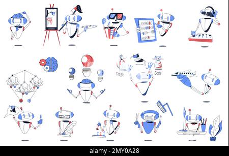 Intelligenza artificiale piatto colorato icona set robot pensa dipinge immagini prende decisioni e brainstorms gioca a scacchi e conduce la chirurgia vettore malato Illustrazione Vettoriale