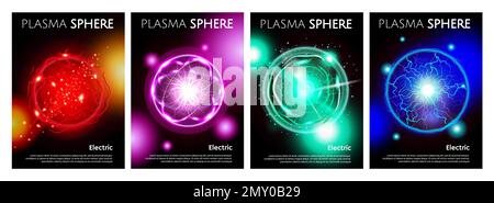 Set di poster a sfera al plasma elettrico realistico con quattro sfondi verticali isolati con grafica vettoriale di testo e materia colorata Illustrazione Vettoriale