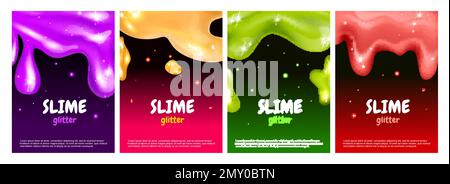 Set di poster realistici con glitter slime con quattro sfondi verticali testo ornato modificabile e illustrazione vettoriale colorata con blot liquidi Illustrazione Vettoriale