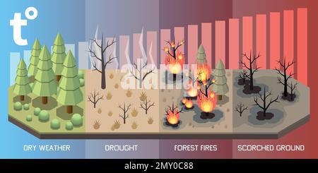 Concetto isometrico delle catastrofi naturali con illustrazione del vettore della siccità e degli incendi boschivi Illustrazione Vettoriale