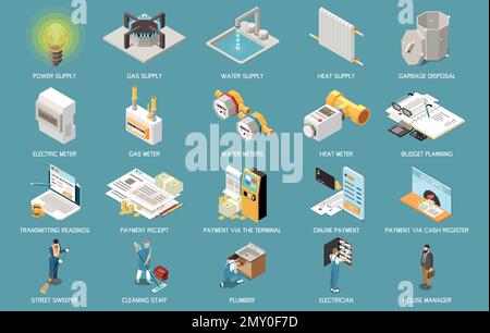 Icone isometriche delle spese di utilità impostate con fatture e pagamenti illustrazione vettoriale isolata Illustrazione Vettoriale