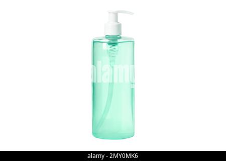 Tonico cosmetico verde naturale, siero, acqua micellare isolato su sfondo bianco. Bottiglie cosmetiche trasparenti. Con dispenser Foto Stock