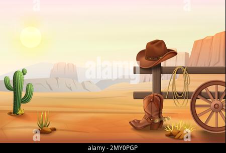 Composizione di cartoni animati selvaggi occidentali con paesaggio all'aperto del deserto con stivali da cowboy e cappello su recinzione vettore illustrazione Illustrazione Vettoriale