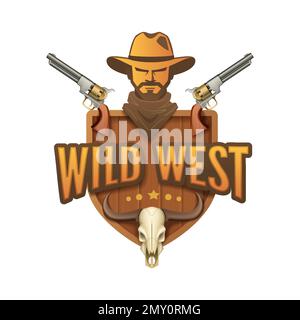 Emblema del fumetto selvaggio West con composizione di pistole testa umana stelle cranio animale e testo modificabile illustrazione vettoriale Illustrazione Vettoriale