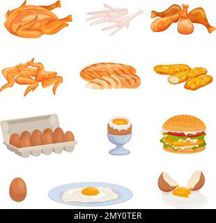 Prodotti di pollo piatto con immagini isolate di carne arrosto fritto e uova crude con illustrazione vettore hamburger Illustrazione Vettoriale