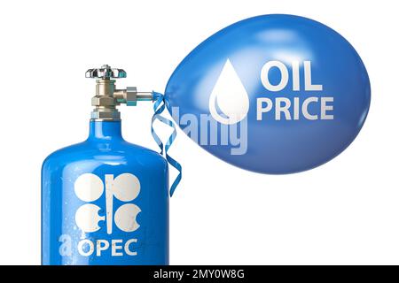 L'OPEC gonfia il palloncino della bolla del prezzo del petrolio. Concetto di crisi dell'industria petrolifera. illustrazione 3d Foto Stock