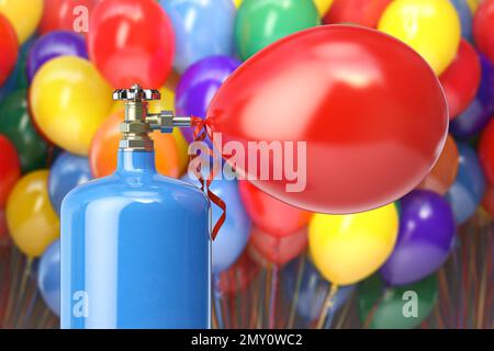 Serbatoio di elio con palloncini colorati gonfiabili di elio compresso per feste o feste. illustrazione 3d Foto Stock