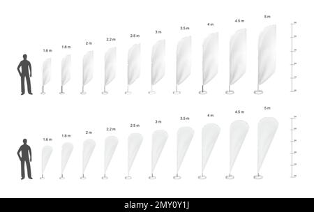 Piuma bandiera pubblicità mockup realistico set di silhouette isolate corpo umano e pennoni di diversa dimensione vettore illustrazione Illustrazione Vettoriale
