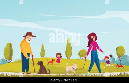 Cane camminare cartoon poster con proprietari di animali felici in parco vettore illustrazione Illustrazione Vettoriale