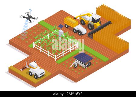 Moderne macchine agricole composizione isometrica con comando a distanza automatica alimentata da pannelli solari macchine operanti su vettore di campo illustrato Illustrazione Vettoriale