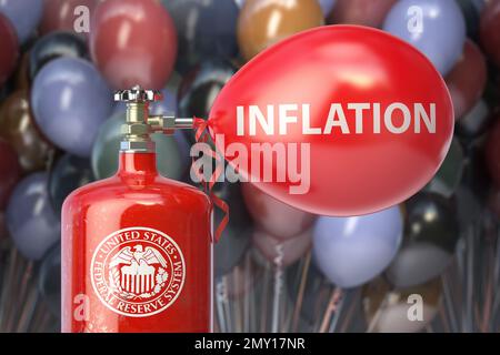 Fed e inflazione. Il carro armato con il simbolo del sistema della Federal Reserve gonfia di ballon dell'economia globale. illustrazione 3d Foto Stock