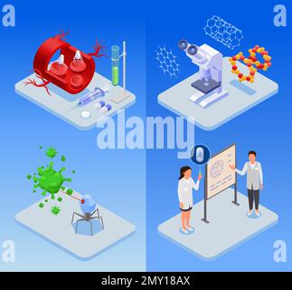 Nanotecnologie isometriche nanomedicina set con nanorobot utilizzato per il trattamento delle malattie caratteri di scienziati microscopio isolato su sfondo blu Illustrazione Vettoriale